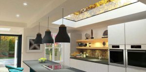 Large three by one metre rooflight in gally kitchen