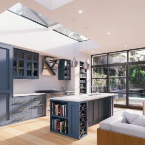 modern kitchen with crittle doors and large rooflight