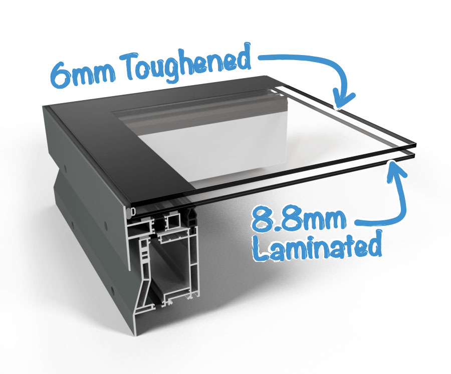 Cross section of our hinged rooflight showing glass specification