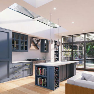 large modular roofligths split into 2 panels over stunning shaker kitchen and crittall doors