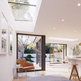 large modular roofligths split into 2 panels over stunning shaker kitchen and crittall doors