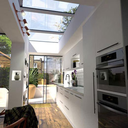 Skylight in pitched rooflight in kitchen extension