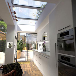 white kitchen with pitched skyligh | EOS Rooflights Skylight in pitched rooflight in kitchen extension
