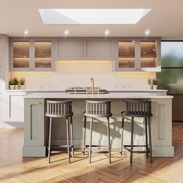 rooflight in dual colour kitchen | EOS Rooflights Beautiful stylish kitchen with large opening rooflights over island