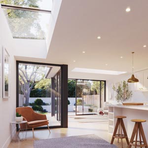 open plan kitchen with modular rooflight and fixed unit rooflight.