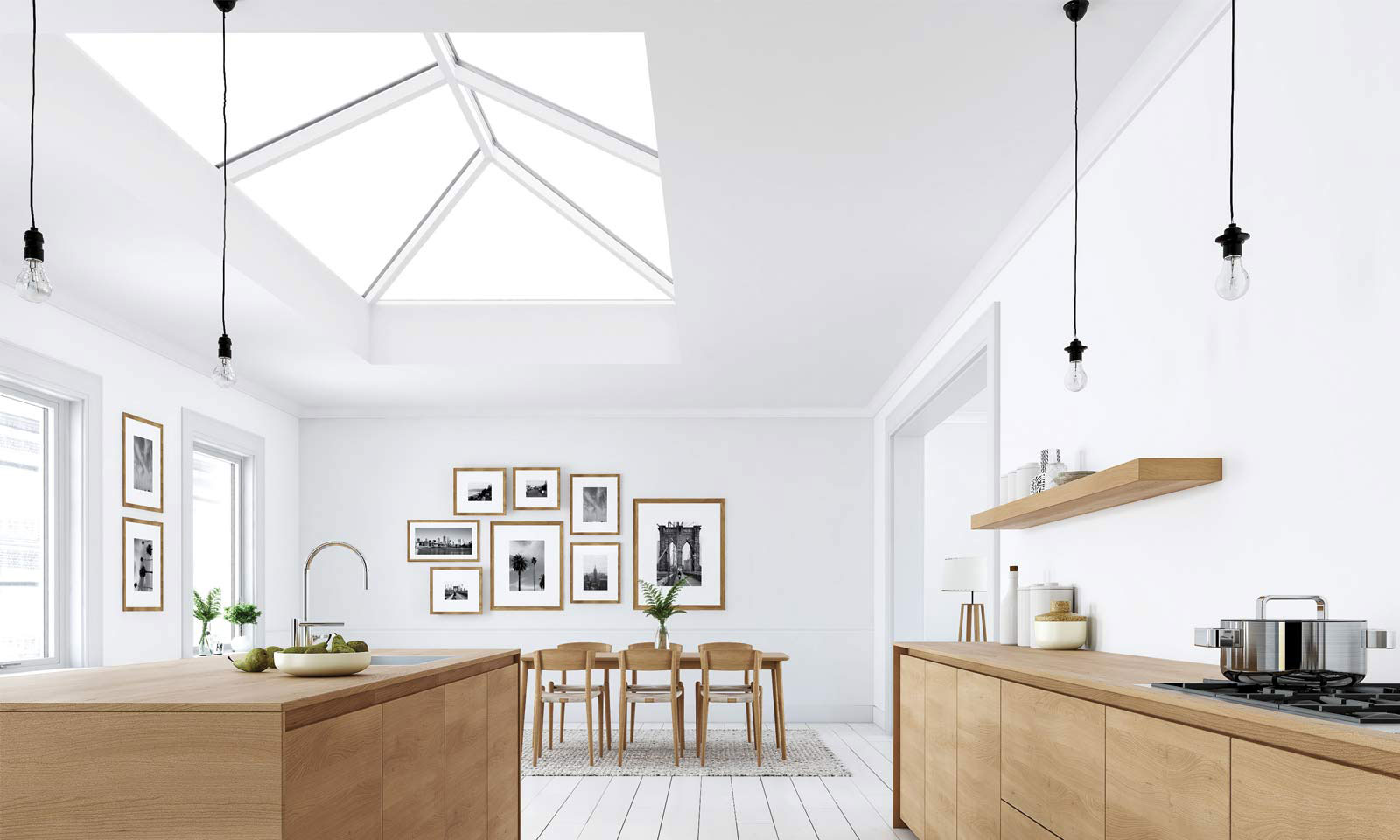 lantern rooflight in large white kitchen living area