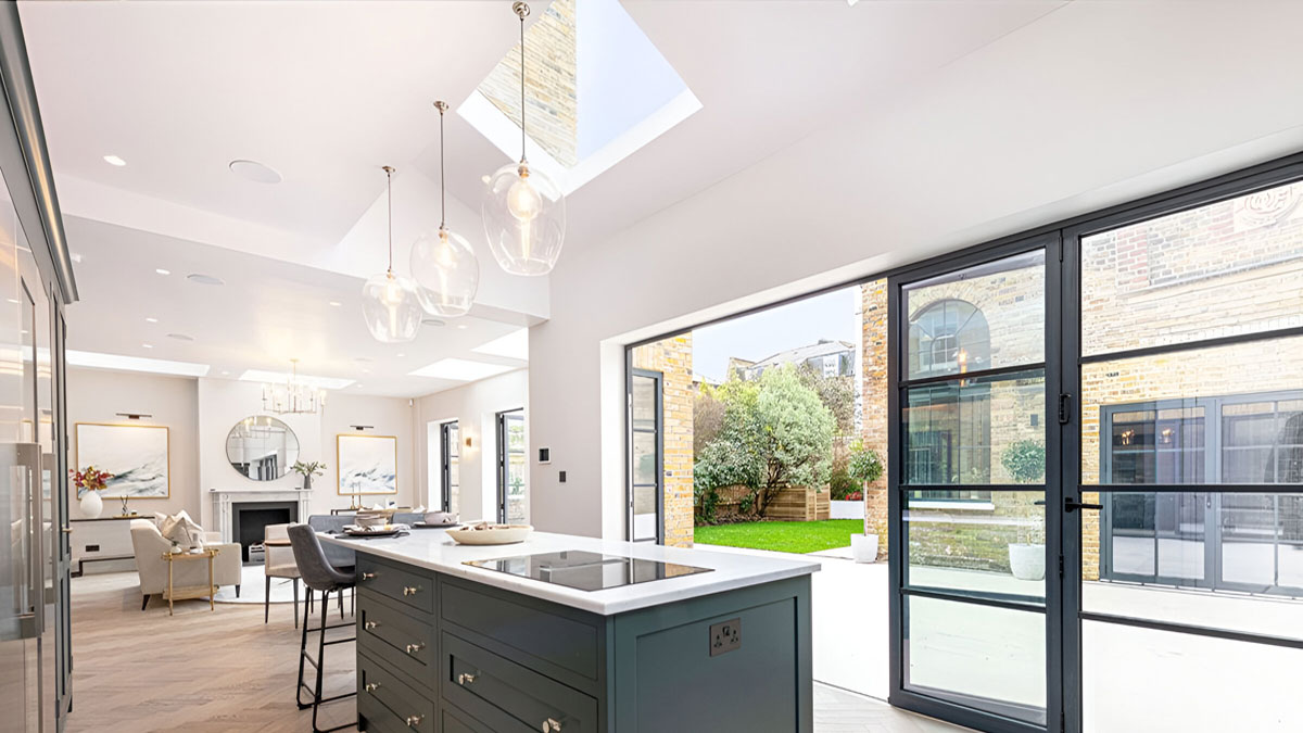 seamless pitched skylight in refurbished kitchen