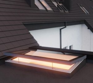 opening rooflights on flat roof. Multiple vented electric rooflights