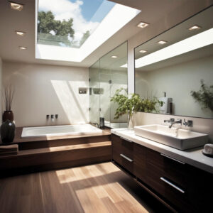 Dark wood bathroom with opening rooflight over bath tub