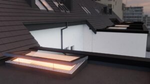 opening rooflights on flat roof. Multiple vented electric rooflights