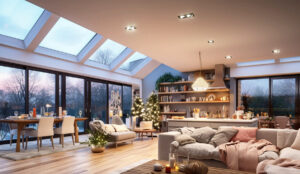 Pitched rooflights. large square rooflights with sliding doors in open plan room
