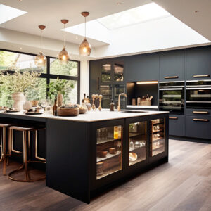 dark cabenet in kitchen with flat glass rooflights | EOS Rooflights