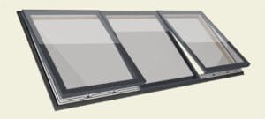 pitched modular skylight with 2 openers and 1 fixed close flush
